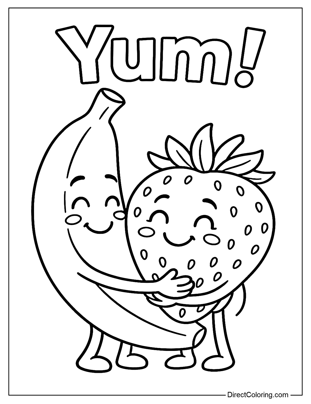 Coloring Page of a banana and a strawberry hugging each other, with the word 